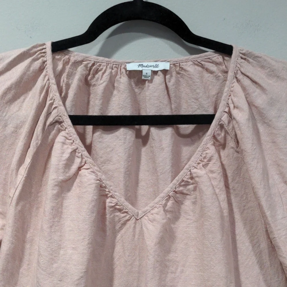 Madewell Linen Blend Lorelei Small Mini Dress Pink V-neck Tiered Summer Boho - Picture 2 of 7